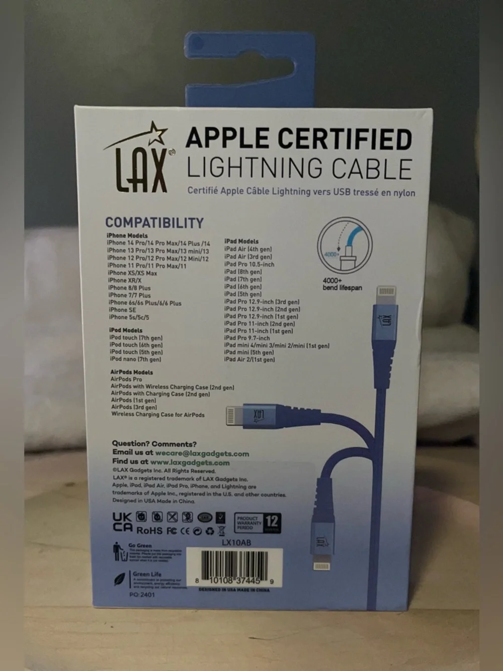 Lightning Charging Braided Cable Wire Apple Certified 10 Ft. Long NEW IN BOX
